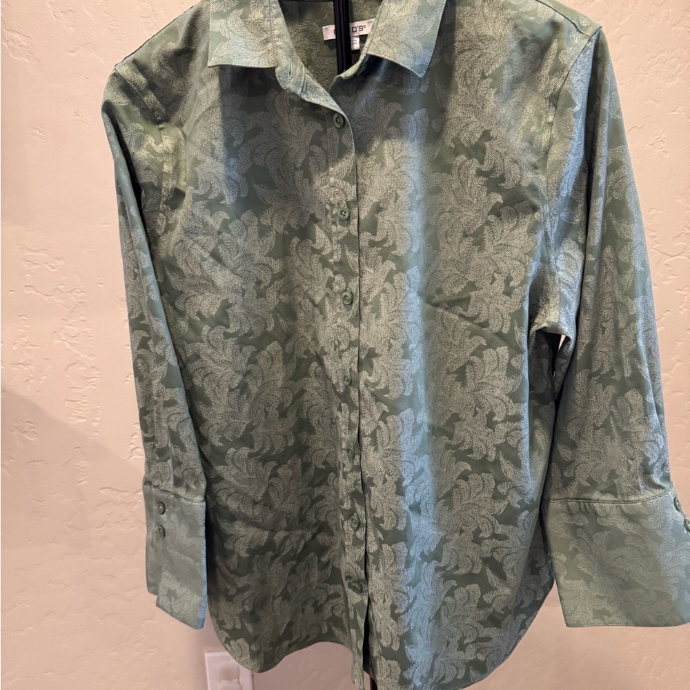 Chico's Olive Green Jacquard Button-Front Textured Blouse